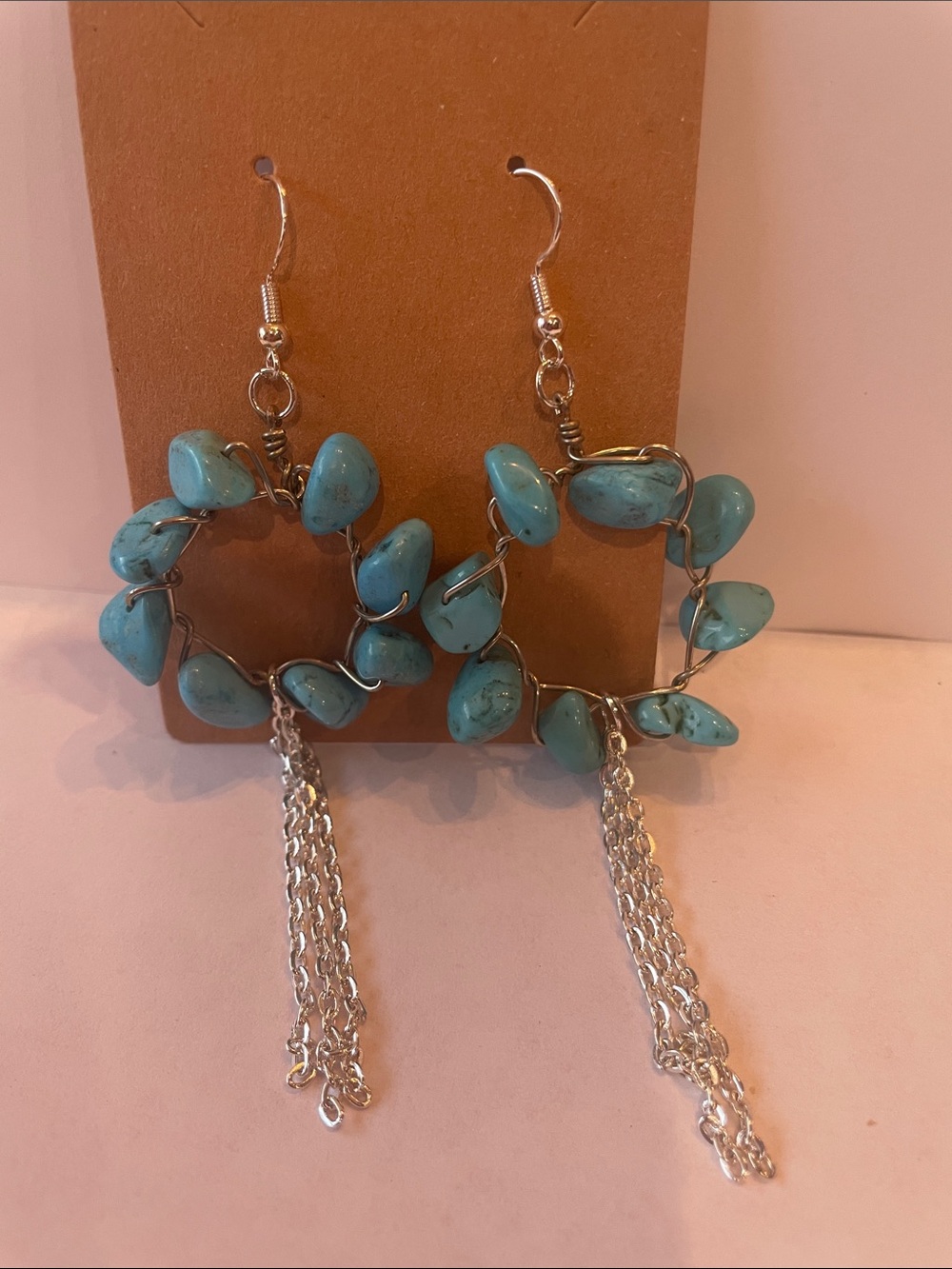 Turquoise Bead Hoop Tassel Earrings - Unbranded